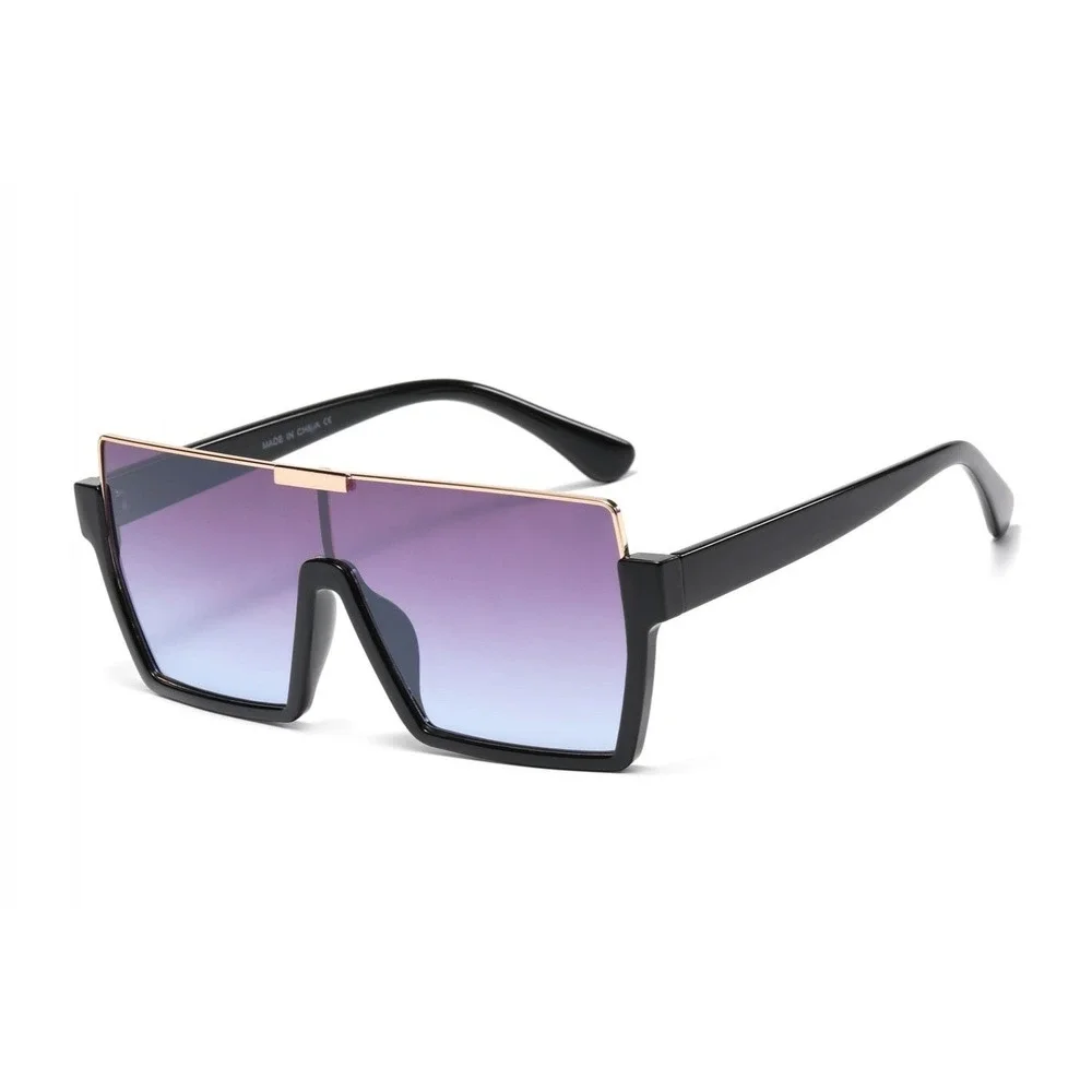 Oversized Square Shield Sunglasses Black Flat Top Blue Gradient Lens Women Fancy